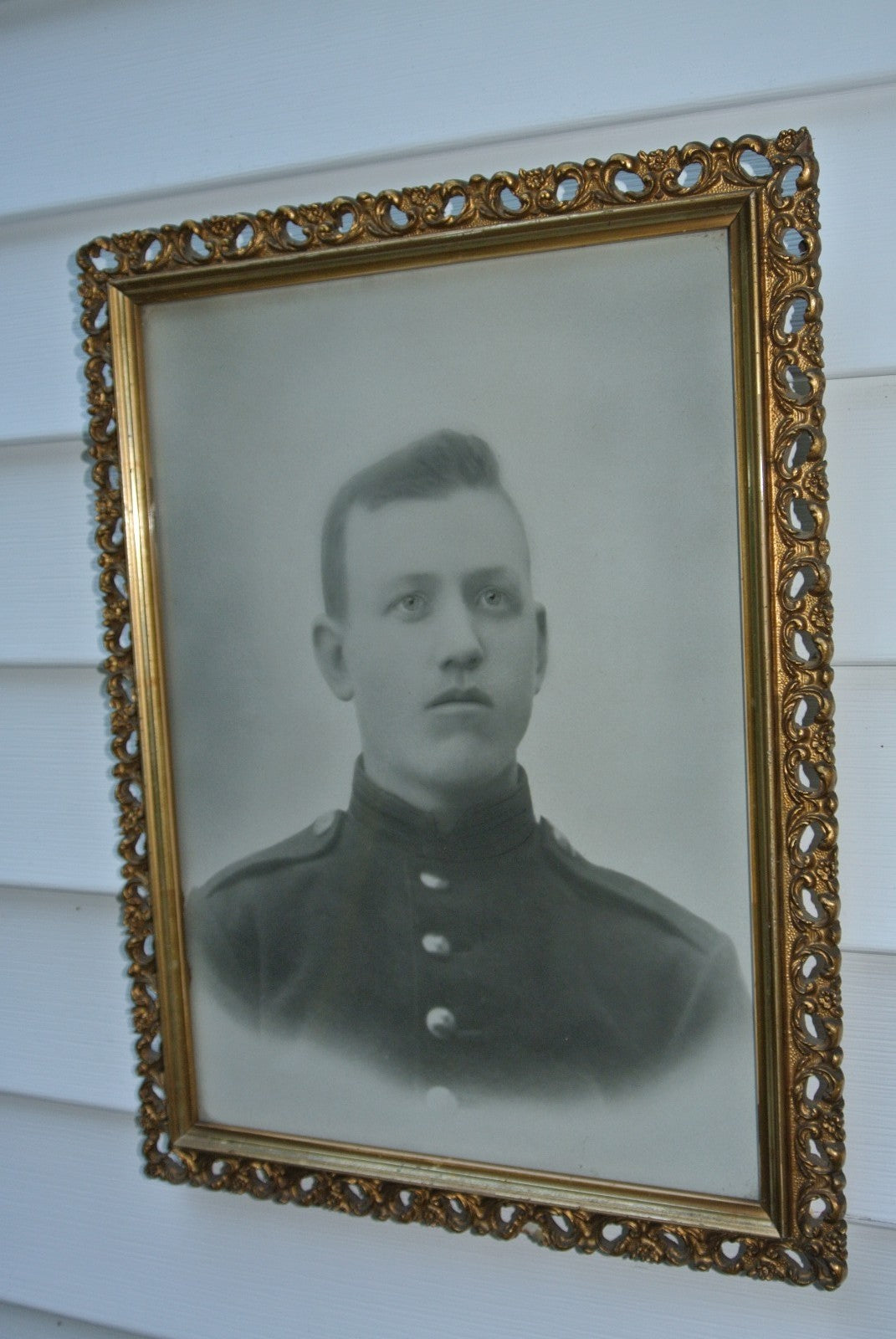 Vintage Antique Black and White Photo Print of Young Man In Meta Frame. Military