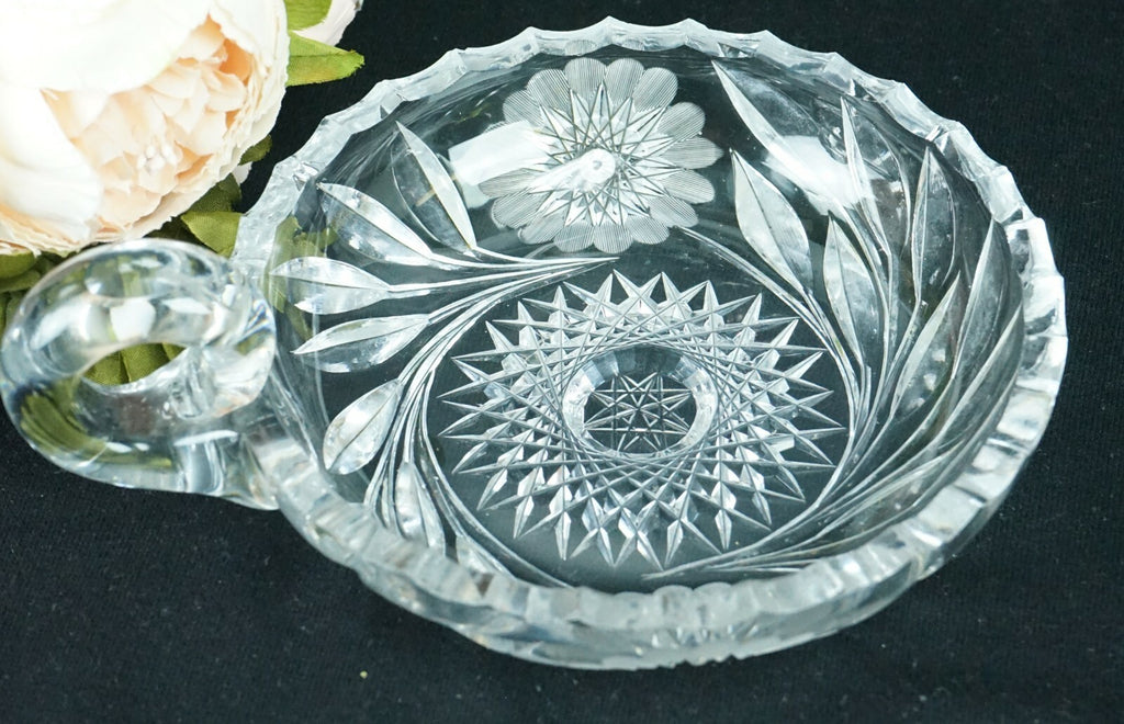 Vintage Nappy Hand Cut Glass Handled Candy Nut Dish Home Decor