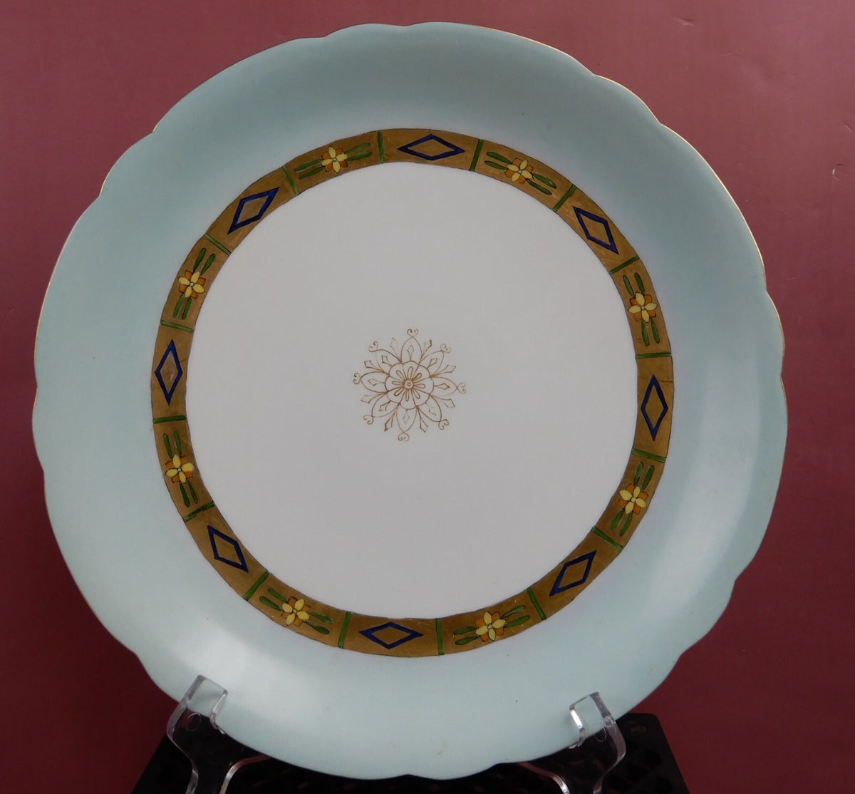 Vintage J.Pouyat Limoges 11-3/8" Display Art-Deco Plate White,Blue w/ Gold Rim