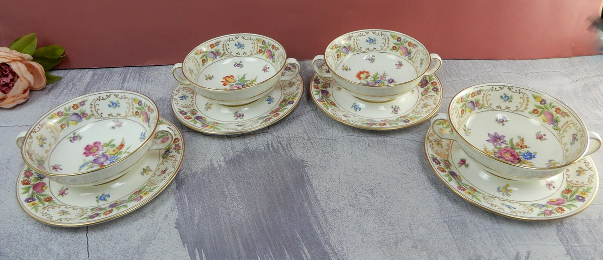 Set of 4 Vtg Dresden Sprays Cream Soup Bowls and Underplates CL Made In England