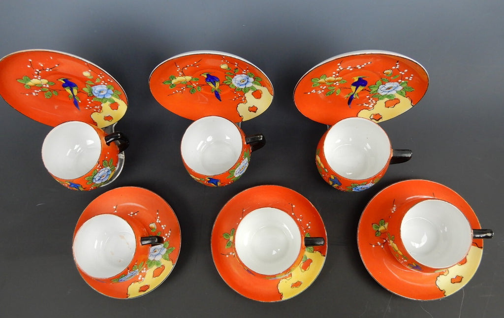 Set of 6 Chikaramachi Japan Hand Painted Bird Asian Florals Cup and Saucer