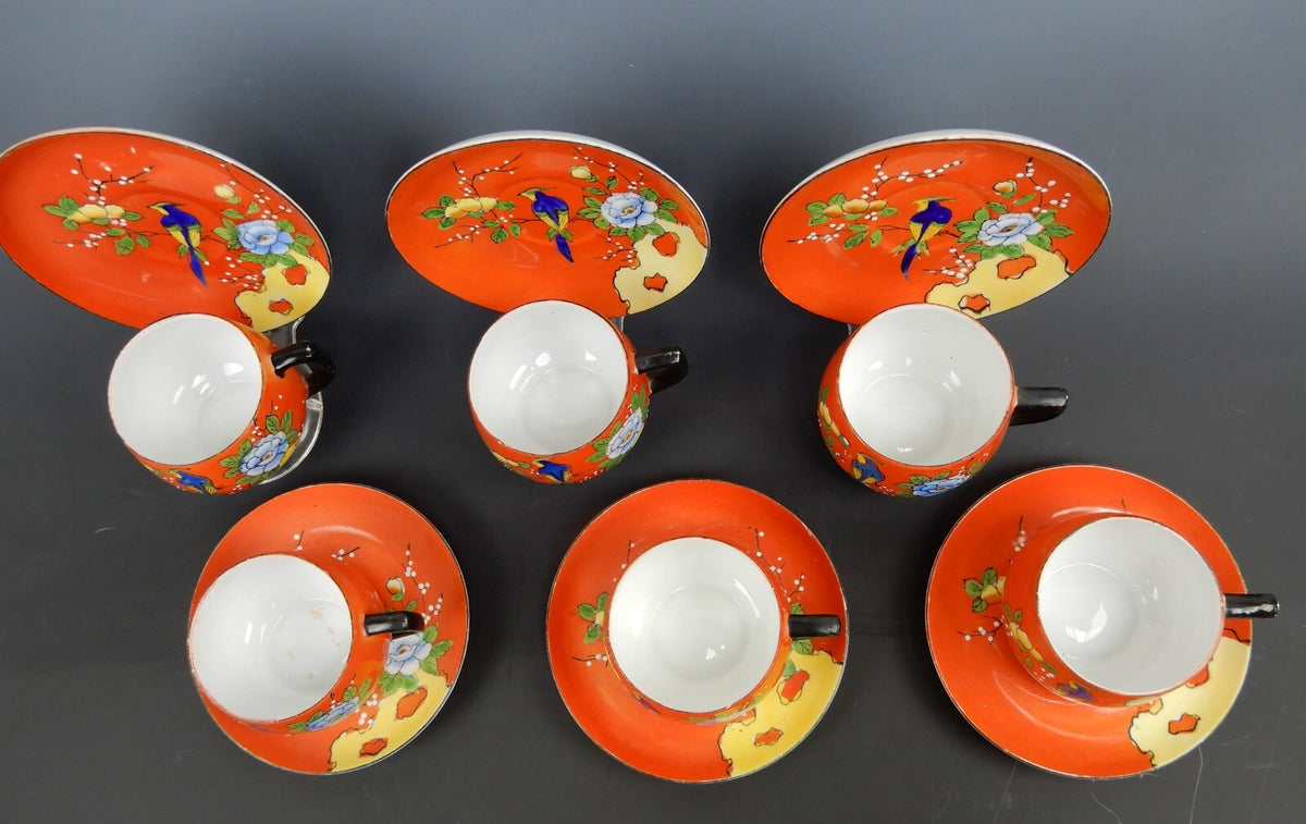 Set of 6 Chikaramachi Japan Hand Painted Bird Asian Florals Cup and Saucer