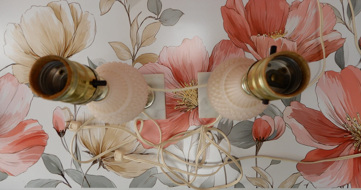 Pair of Pink Frosted Glass Quilted Pattern Table Lamps With Marble Base