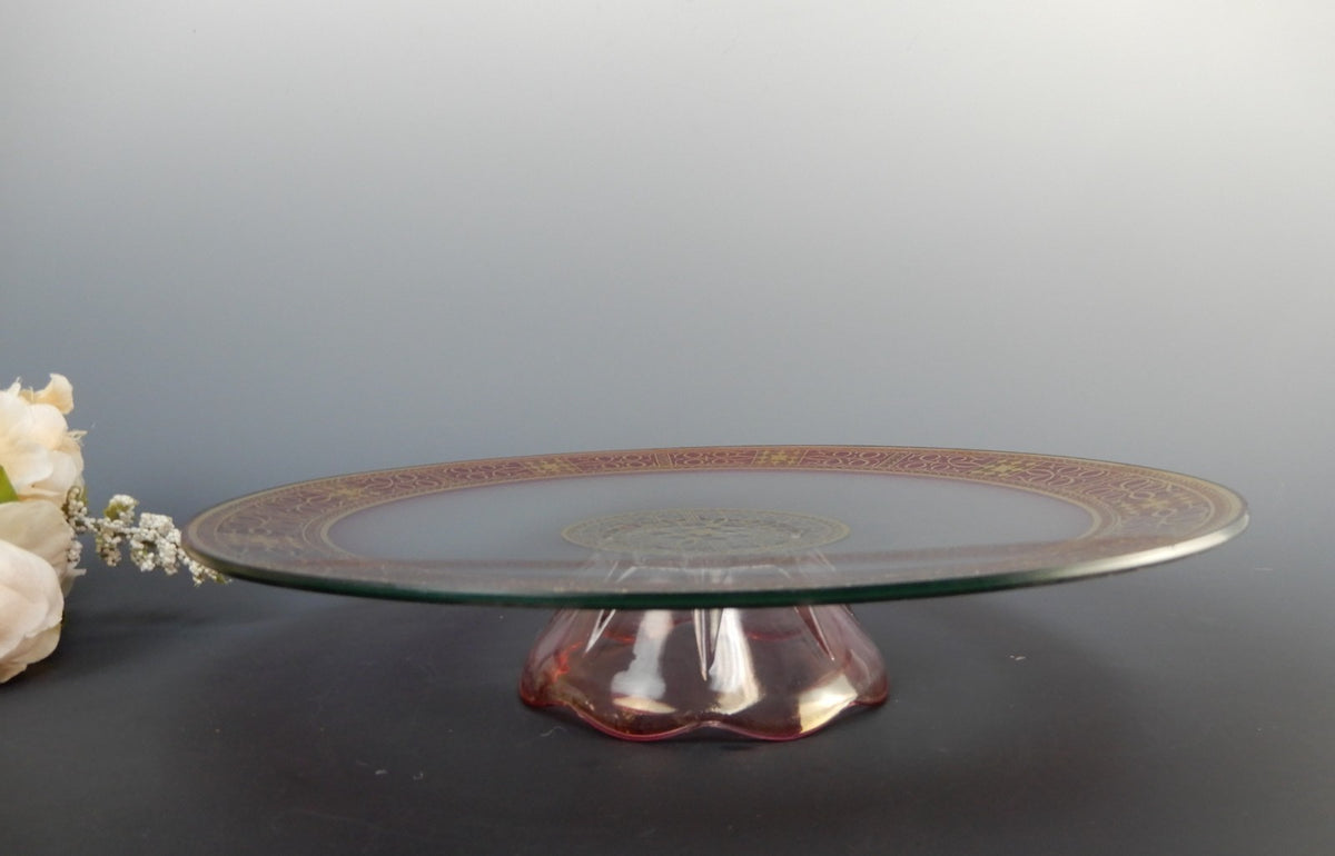 Vintage Glass Red and Gold Cake Stand ,Center Piece 11-1/2" Diameter