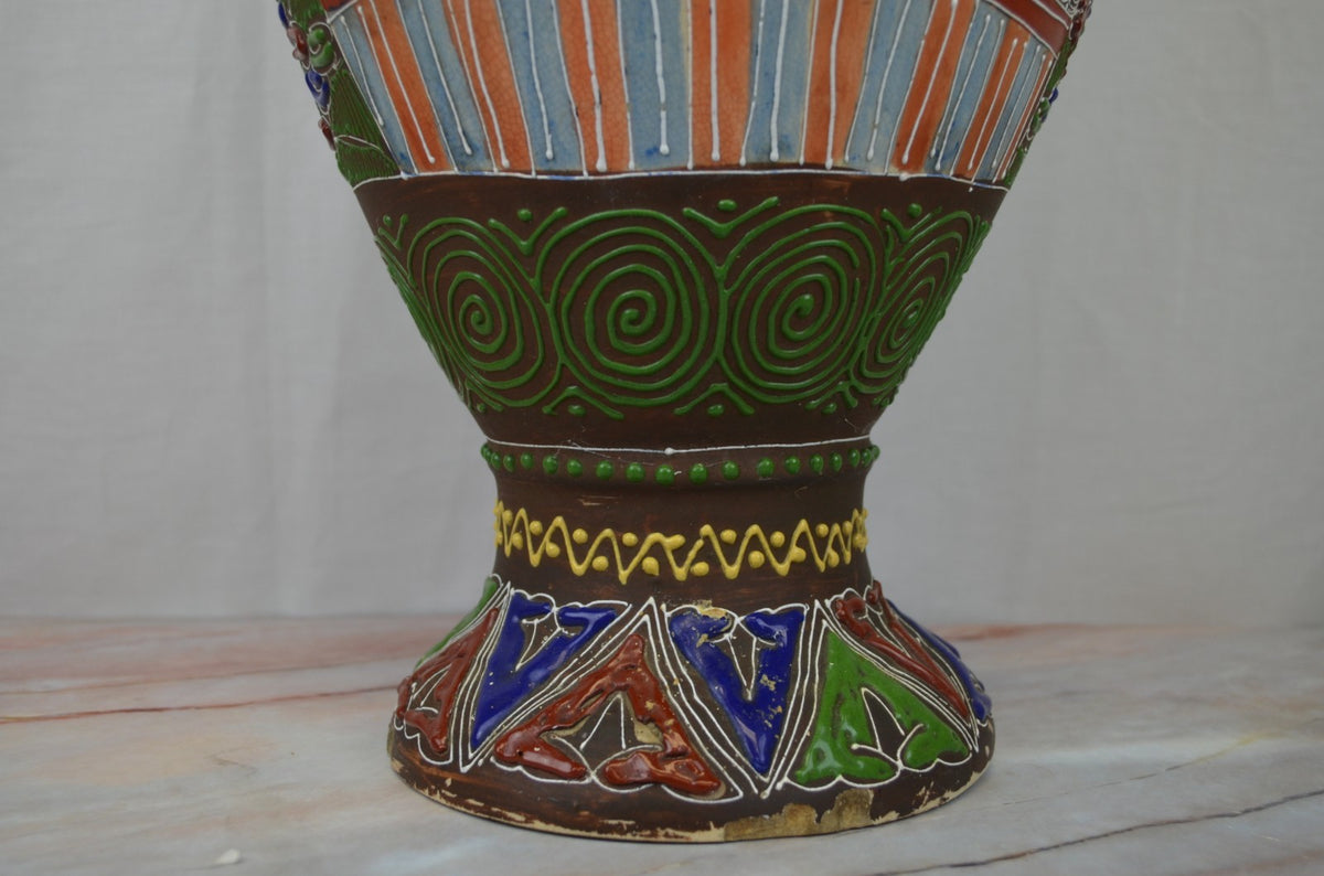 Antique c. Meiji Japanese Moriage Satsuma Detail Handpainted Vase,25" Tall
