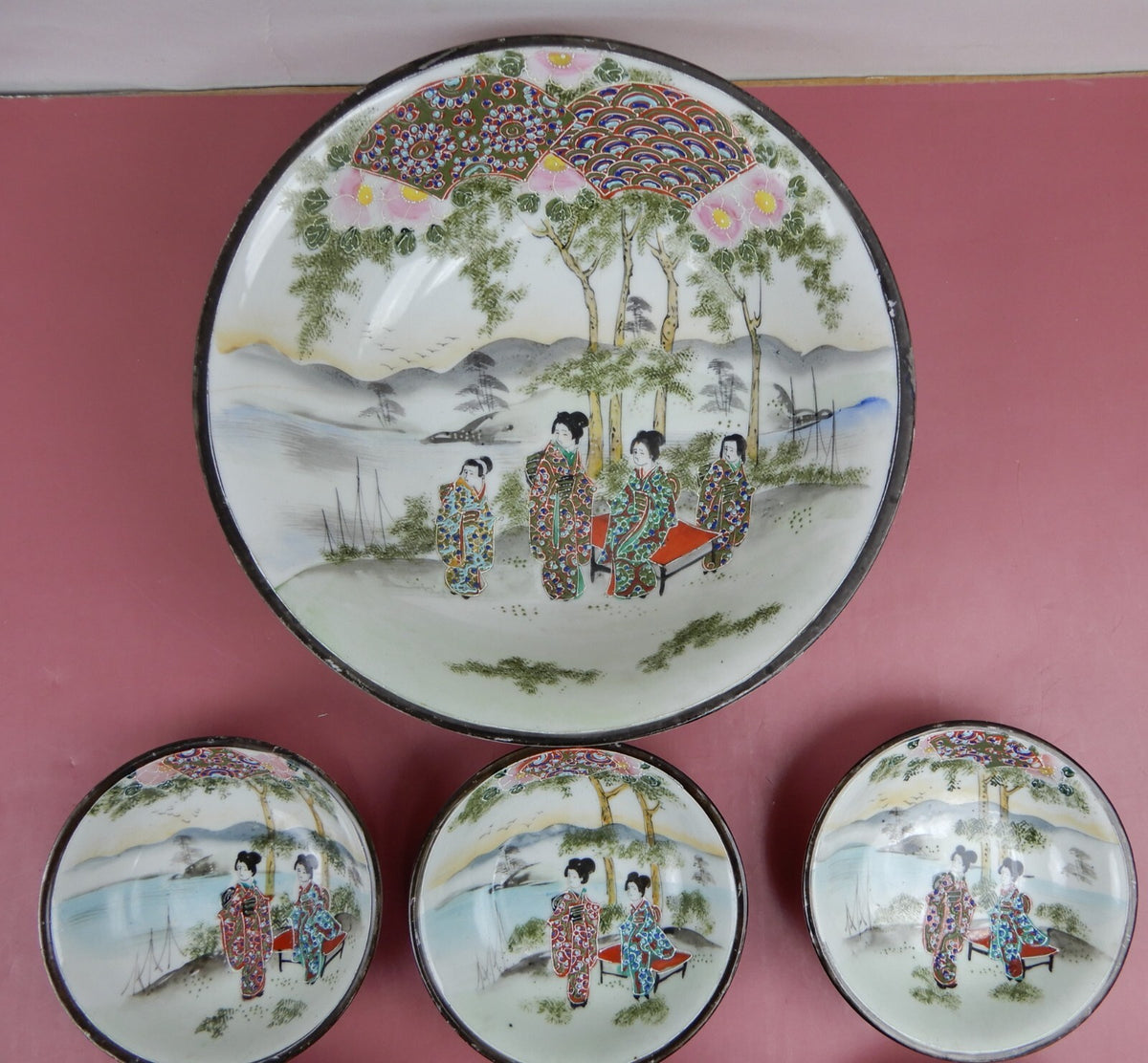 Geisha Girl Embossed Hand-Painted Japan Porcelain Bowl and 6 Berry Bowls Set