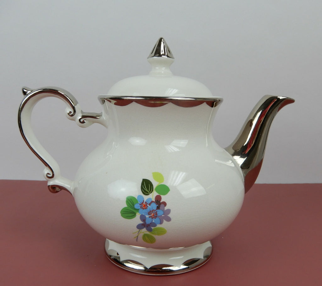 Vintage Gibson Staffordshire Tiffany Teapot Silver Trim, Floral Design