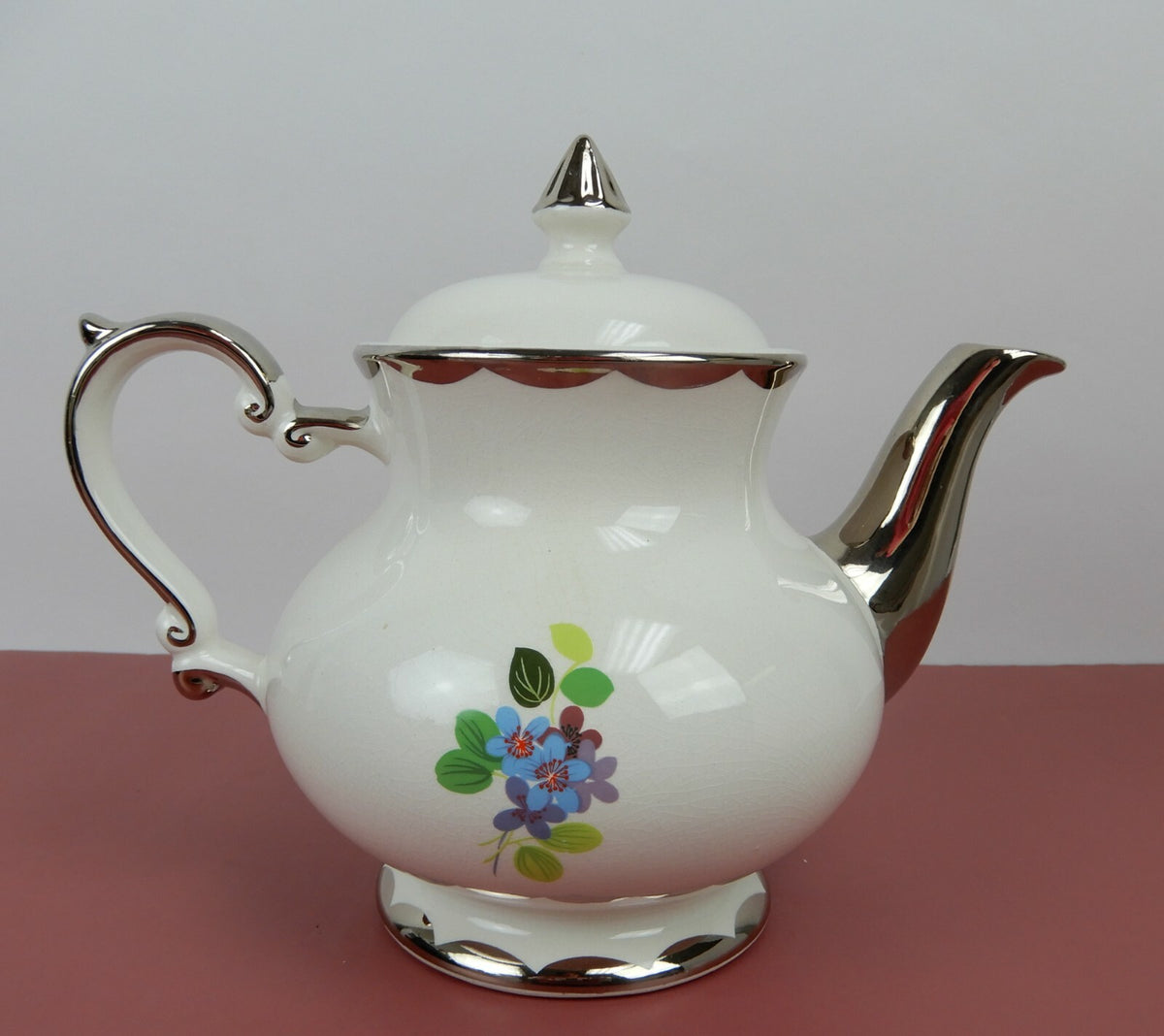 Vintage Gibson Staffordshire Tiffany Teapot Silver Trim, Floral Design