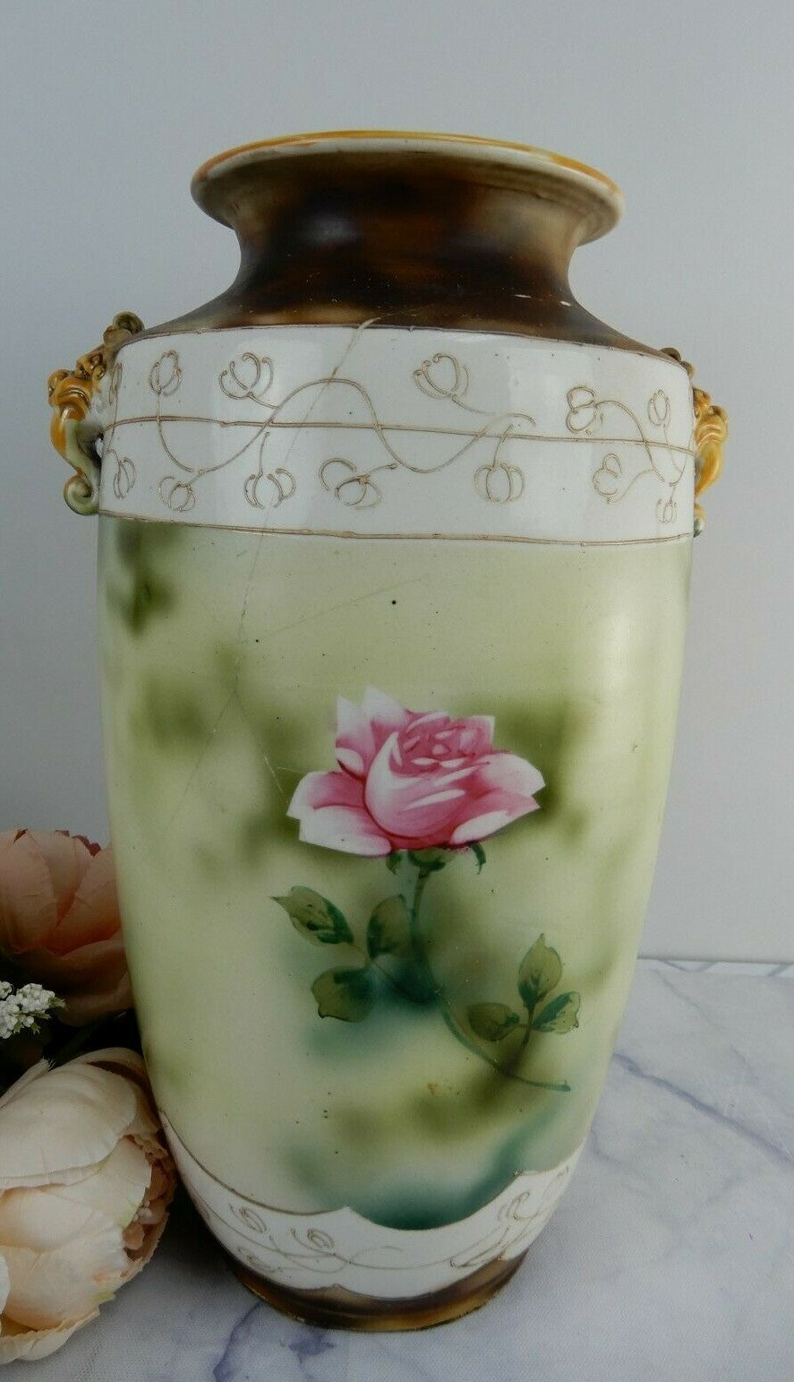 Vintage Japan Hand Painted Vase w/Roses and Raised Paint