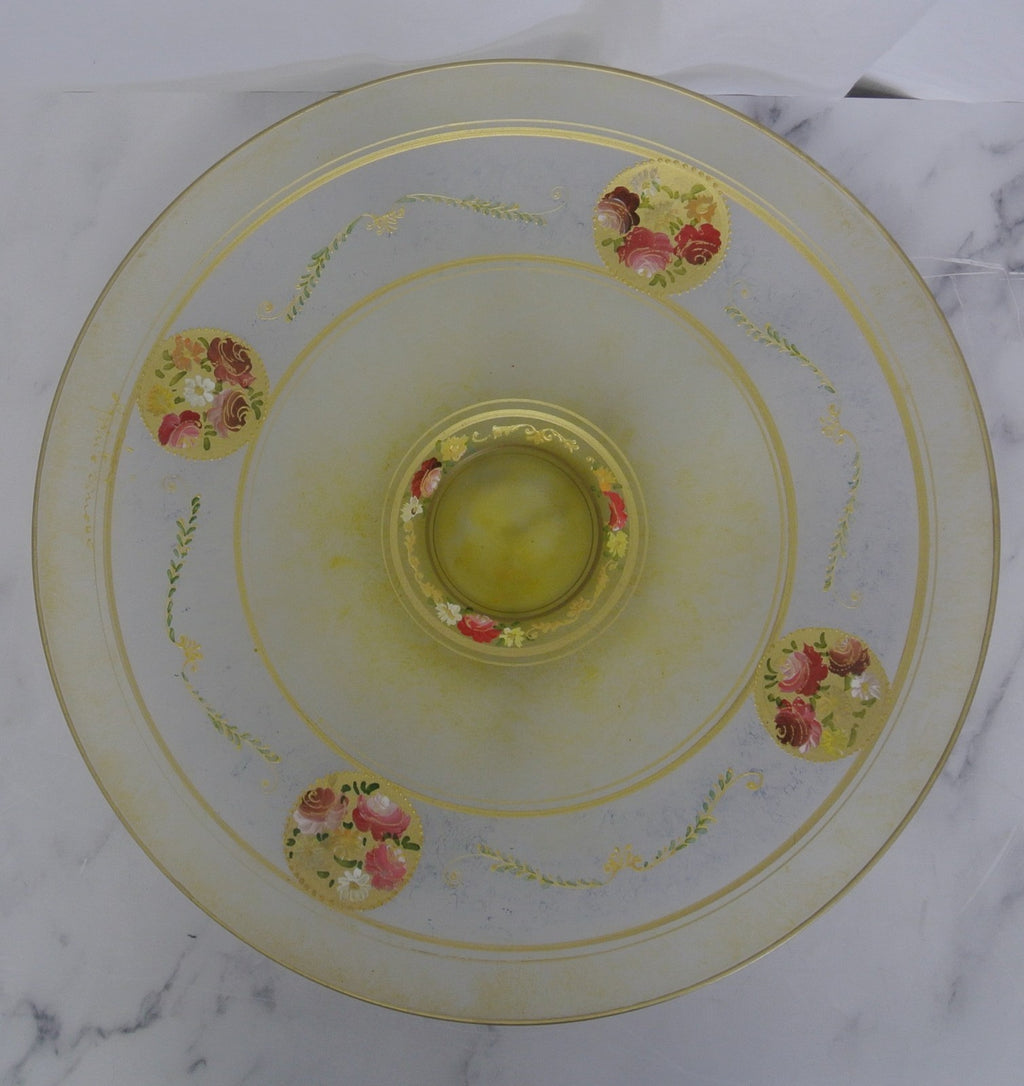 Vintage Bohemian Glass Hand Painted Enamel Footed Bowl, Stand