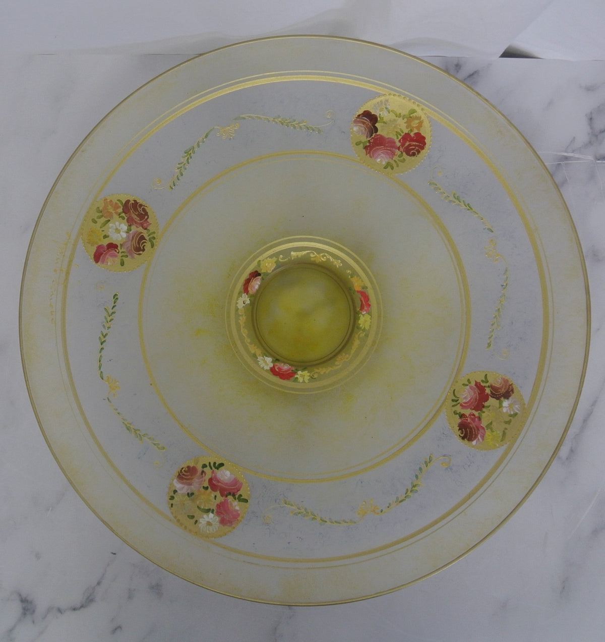 Vintage Bohemian Glass Hand Painted Enamel Footed Bowl, Stand