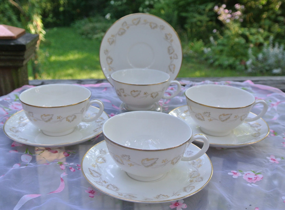 Set of 4 Noritake Ivory China Cups and Saucers "Gold Ivy" Pattern #7531