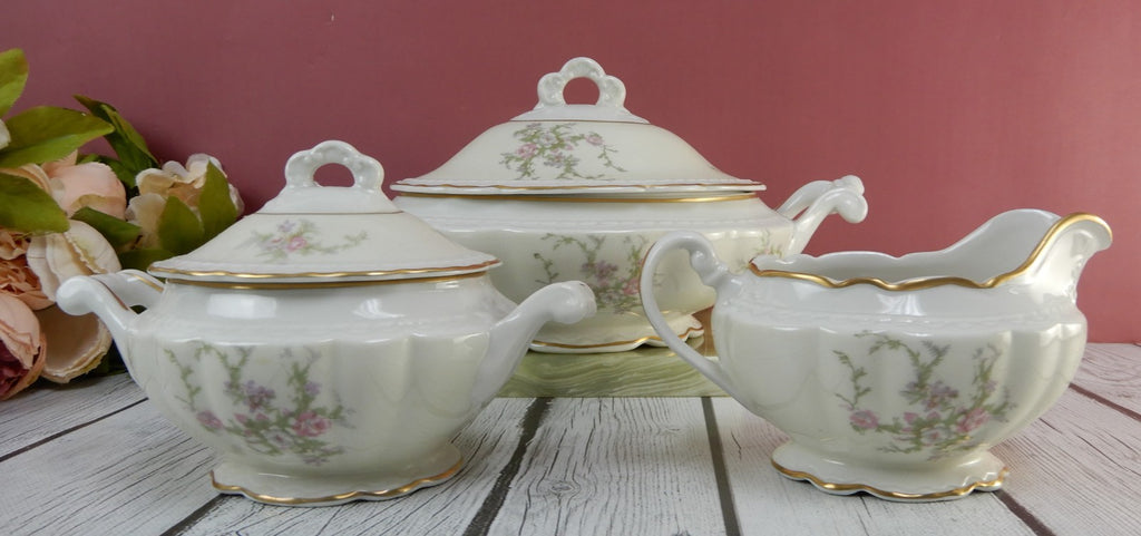 Vtg. Arcadian Fine China "Old Rose" Covered Vegetable Bowl ,Creamer & Sugar Bowl