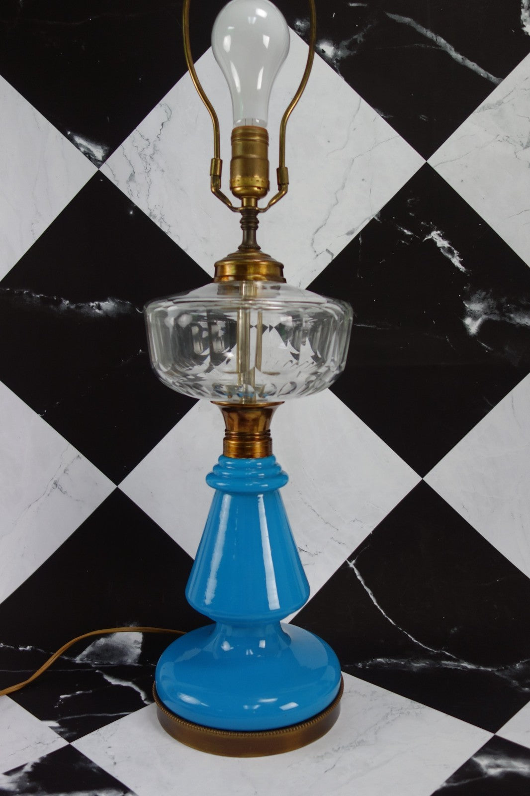 Vintage Turquoise Blue Opaline Glass Clear Top Glass Brass Base 3 Way Table Lamp