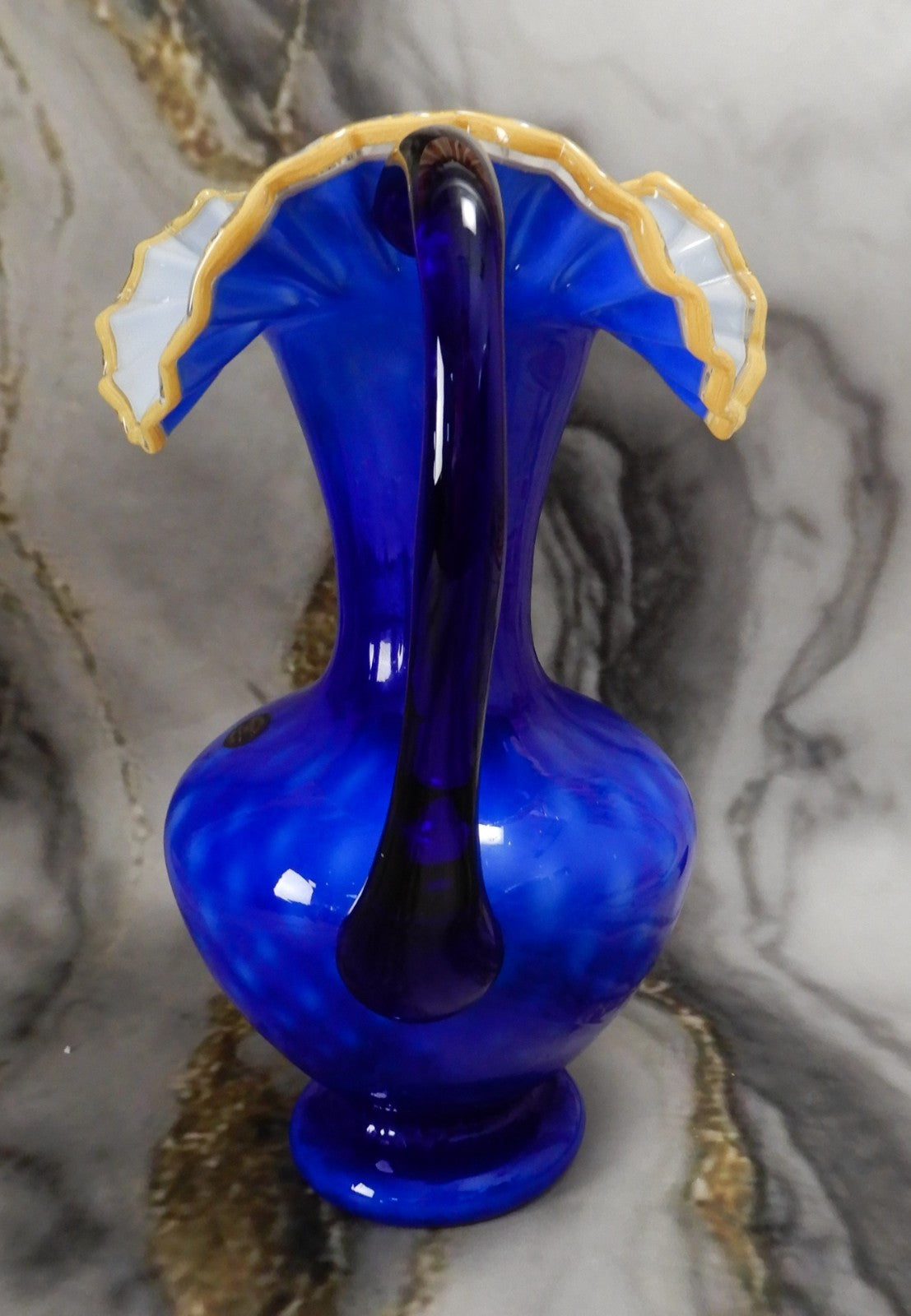 Arte Murano Kristall Mery Art Glass 13-3/4" Tall Pitcher Cobalt Blue,Yellow Rim