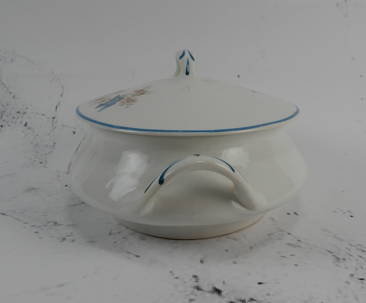 Vintage Homer Laughlin Blue Bird Decal Pattern Oval Covered Casserole ca. 1930