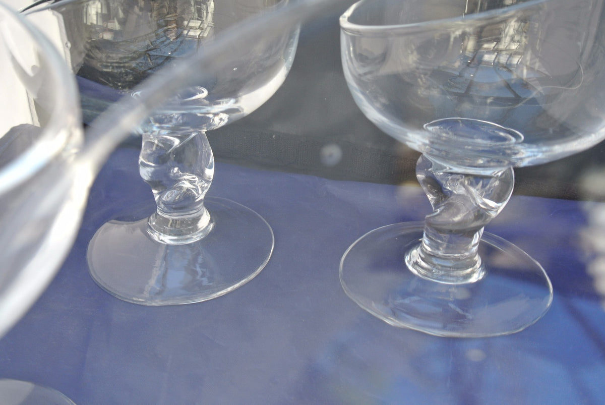 (4) Unique Shape Hand Blown Clear Glass Ice Cream Sundae, Margarita Glasses