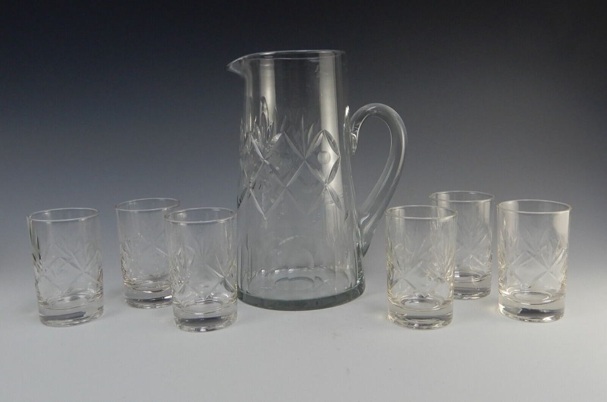 Vintage Clear Glass Set of Pitcher and 6 Juice Glasses