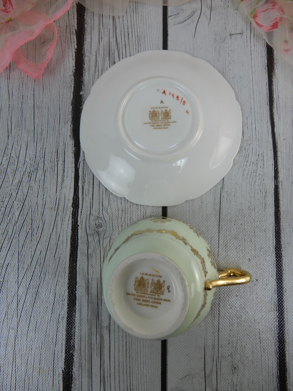 Paragon Double Warrant Mint Green Gold Filigree Tea Cup & Saucer