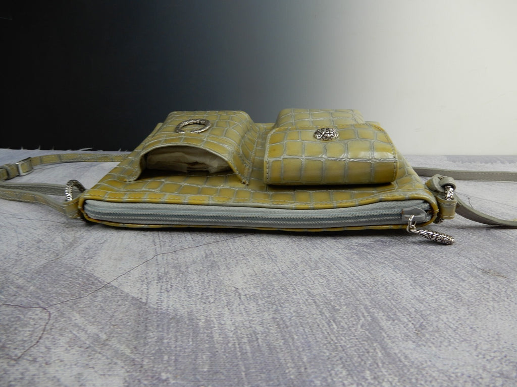 Vintage Brighton Patent Leather Crossbody Croc Embossed Gray/Green 9" by 7"