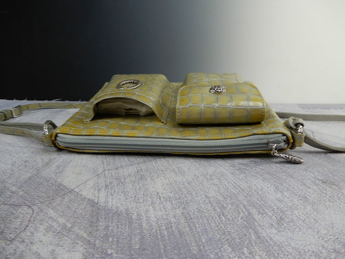 Vintage Brighton Patent Leather Crossbody Croc Embossed Gray/Green 9" by 7"