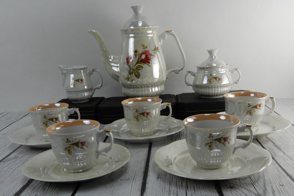 Vintage Iridescent Wloclawek Porcelain 13 Piece Tea Service Poland Set