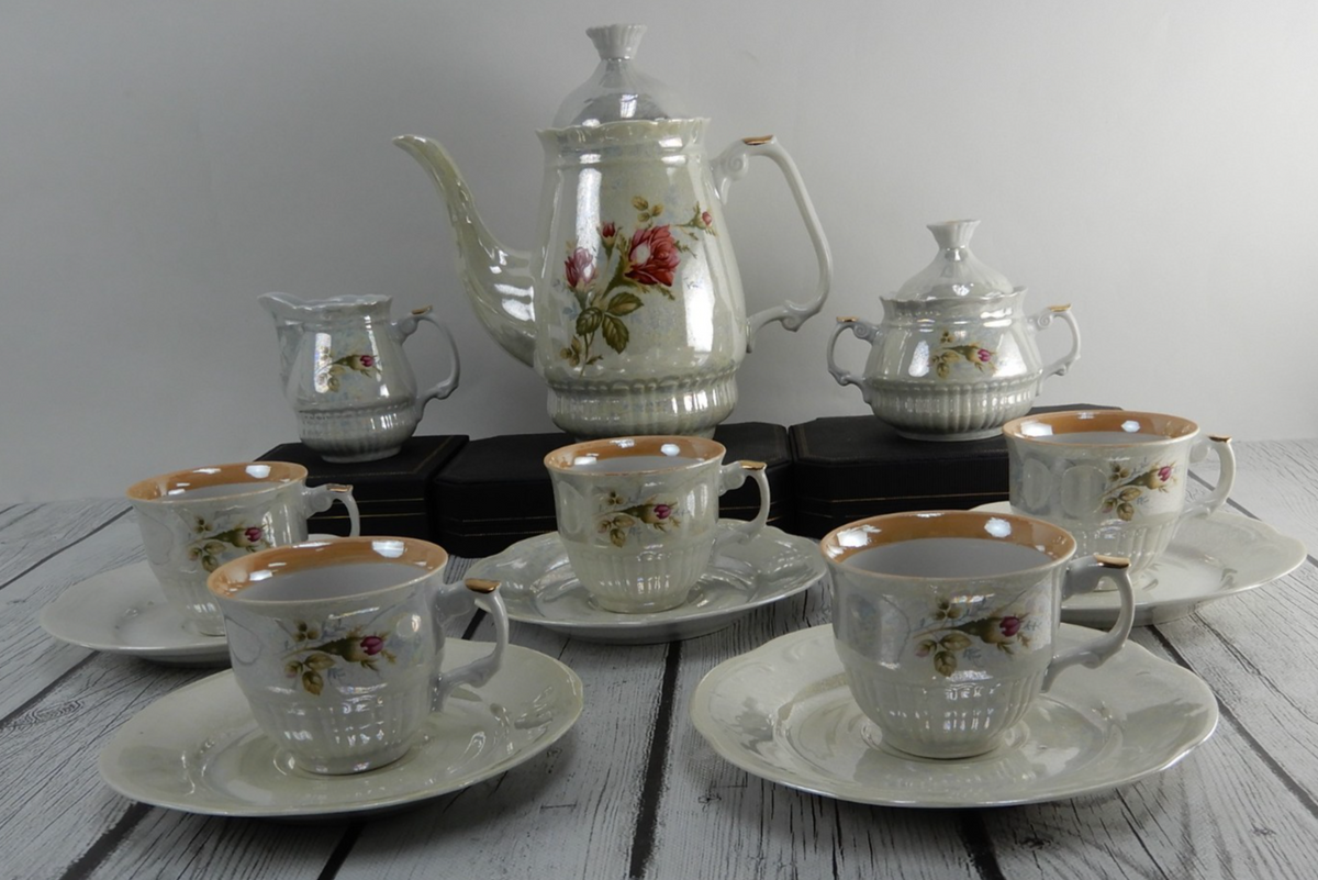 Vintage Iridescent Wloclawek Porcelain 13 Piece Tea Service Poland Set