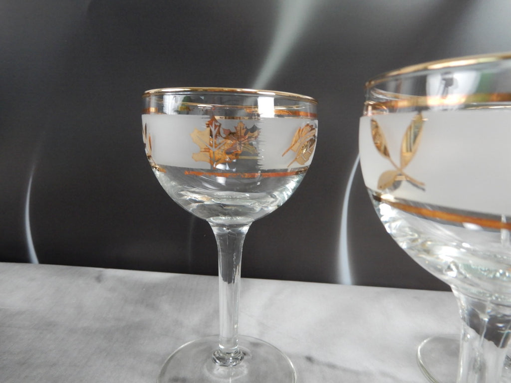 Vtg. Libbey Frosted Golden Foliage Gold Leaf Glass Cocktail Glasses, Set of 8
