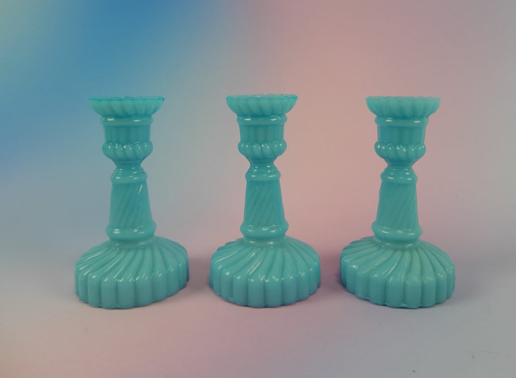 3 Small Portieux Vallerysthal Opaline Blue Milk Glass Candle Holders 3-1/2" H