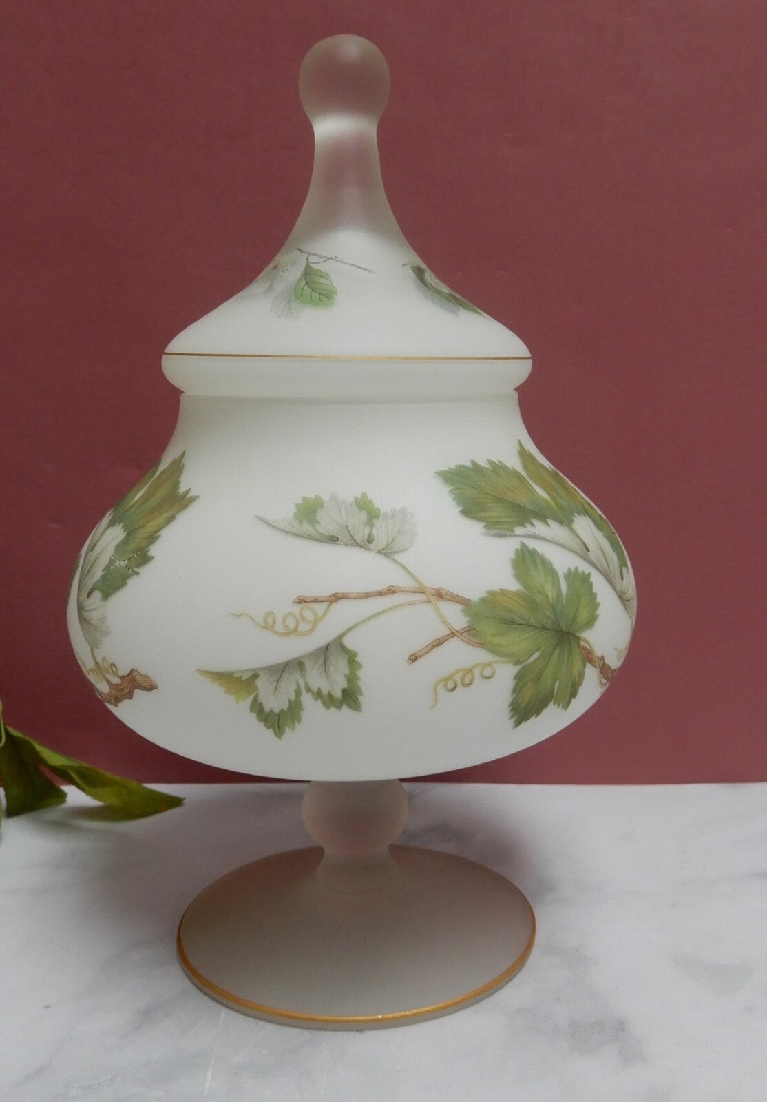Vintage Norleans Italy Covered Compote Satin Frosted Glass Pedestal Candy Dish