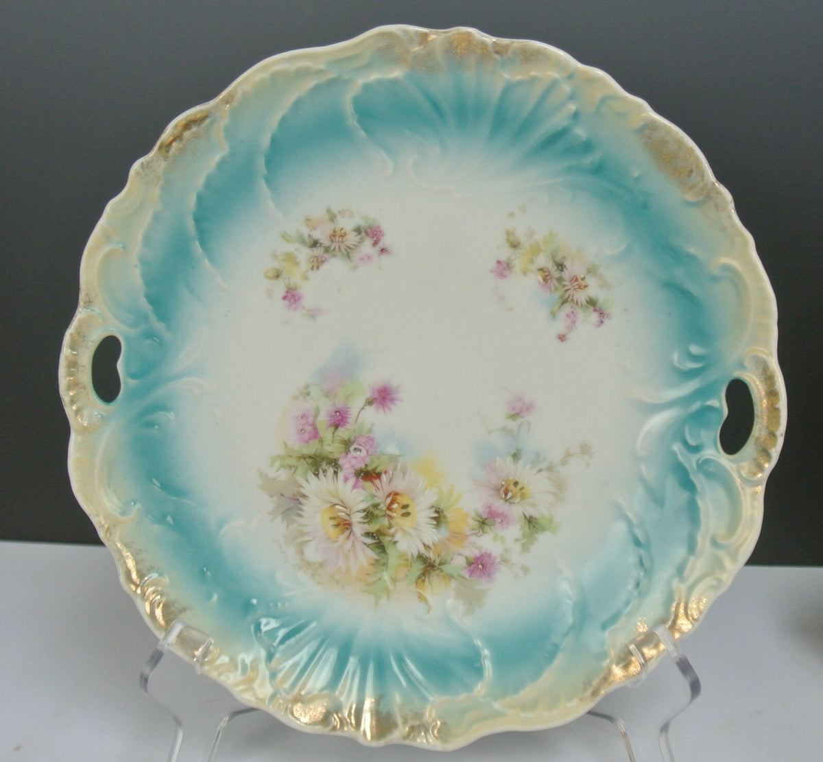 Vintage Porcelain Scalloped and Embossed with Handles Plate with Flowers