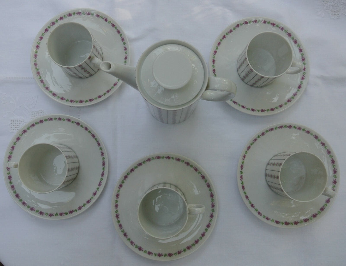Thomas Germany Mid Century  Coffee Pot and 4 Cups and Saucers White Porcelain