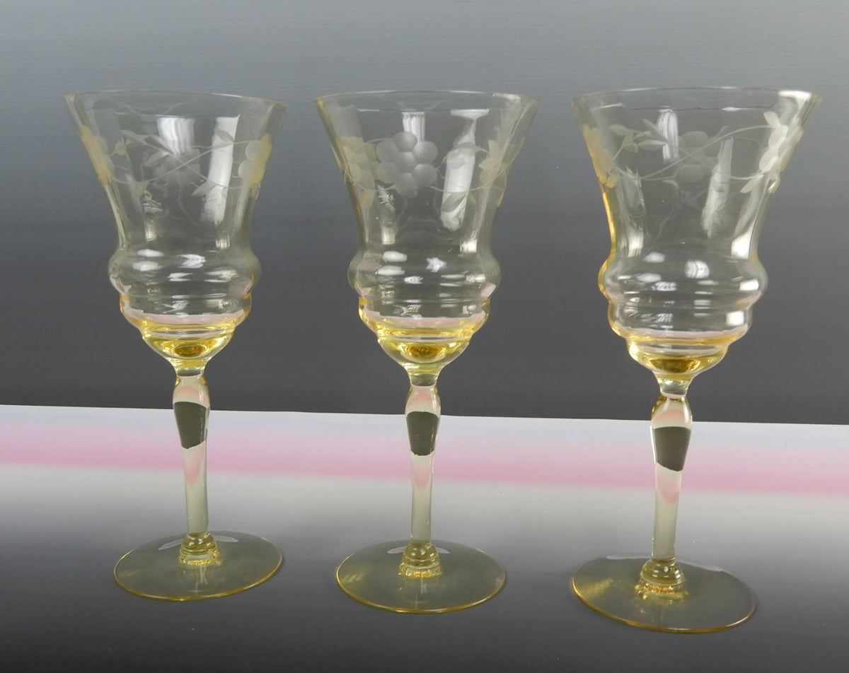 (3) Vintage West Virginia Glass Specialty Etch Optic Yellow Water Wine Goblets