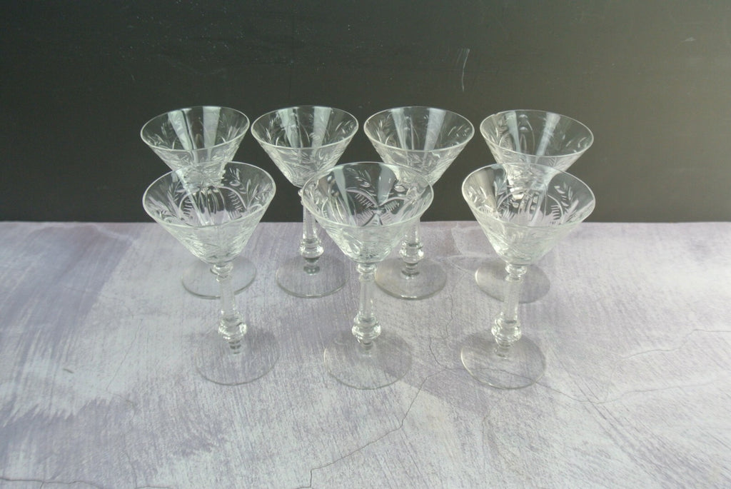 Lot Of 7 Clear Etched Pattern Cordial Glasses *CHIPPED*