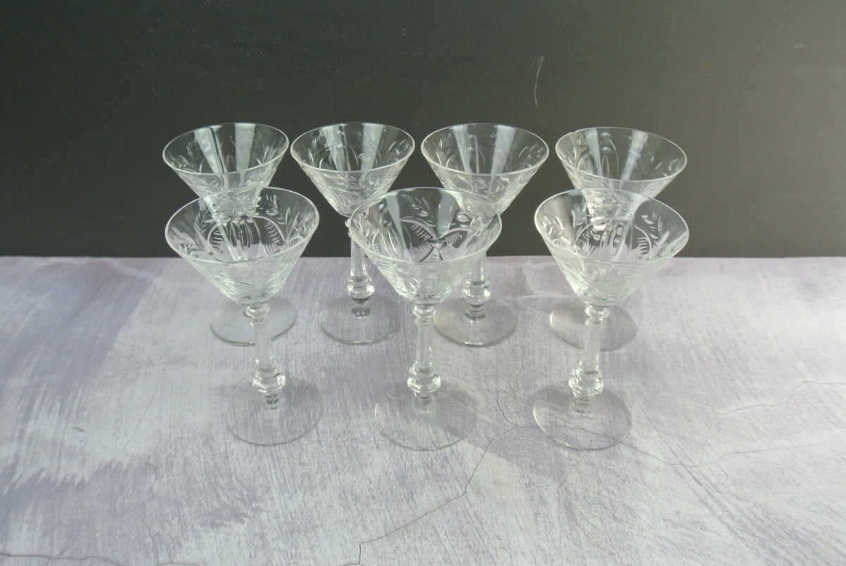 Lot Of 7 Clear Etched Pattern Cordial Glasses *CHIPPED*