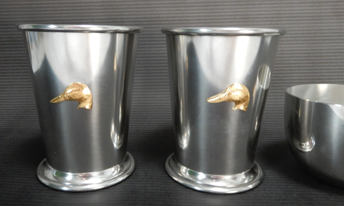 Kirk Stieff English Pewter 2 Julep Cups  and one Jefferson Cup w/Gold Ducks