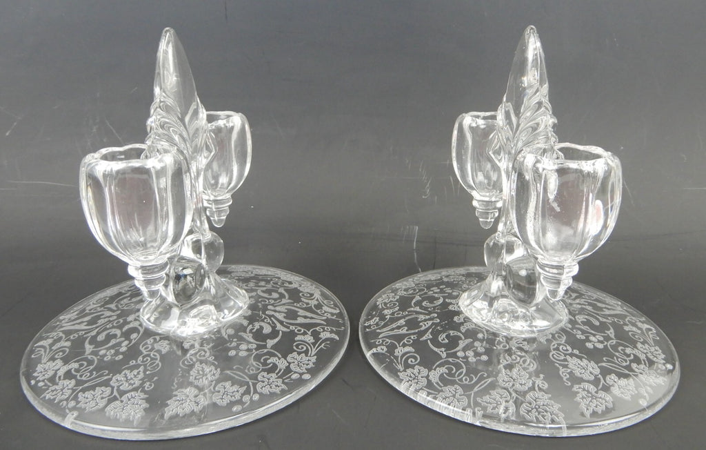 Pair of New Martinsville "Florentine" Double Light Fleur De Lis Candle Holders