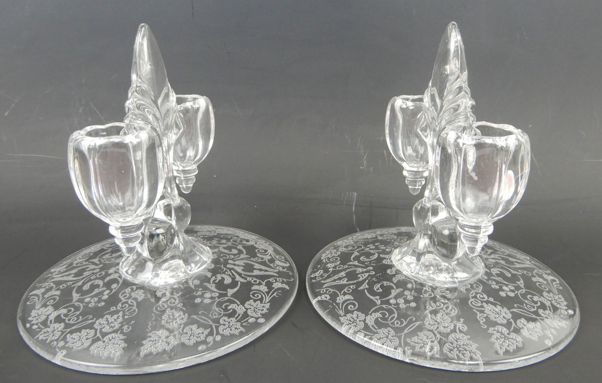 Pair of New Martinsville "Florentine" Double Light Fleur De Lis Candle Holders