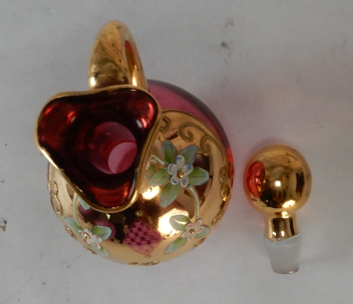 Vintage Glass Czech Bohemia Hand-Painted Red Cruet with Stopper
