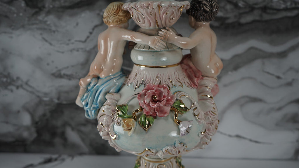 Vintage Porcelain Floral Capodimonte 3 way Light Italian Table Lamp w/Cherubs