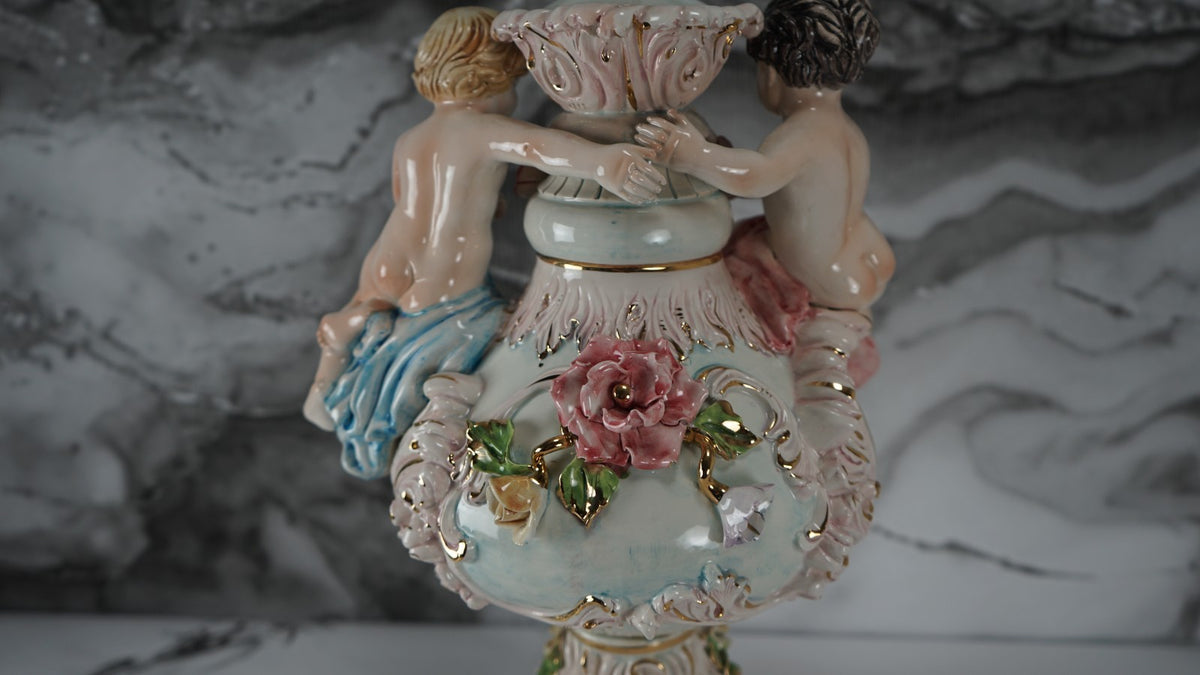 Vintage Porcelain Floral Capodimonte 3 way Light Italian Table Lamp w/Cherubs