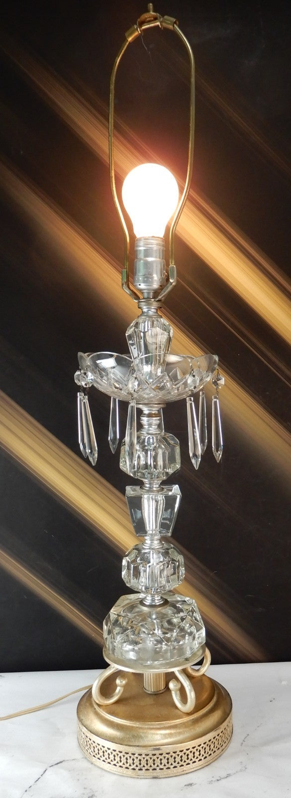 Vintage Lamp Clear Glass with Prisms Boudoir Table Mantle Lamp