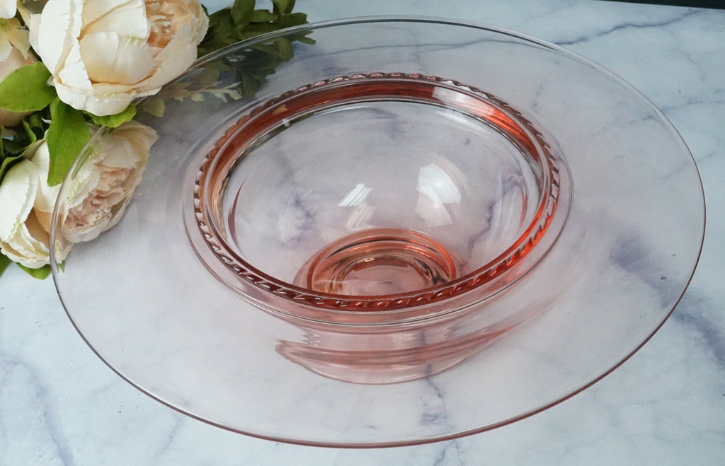 Vintage Pink Depression Glass Center Bowl Ribbed Rim 12.5'' Home Decor