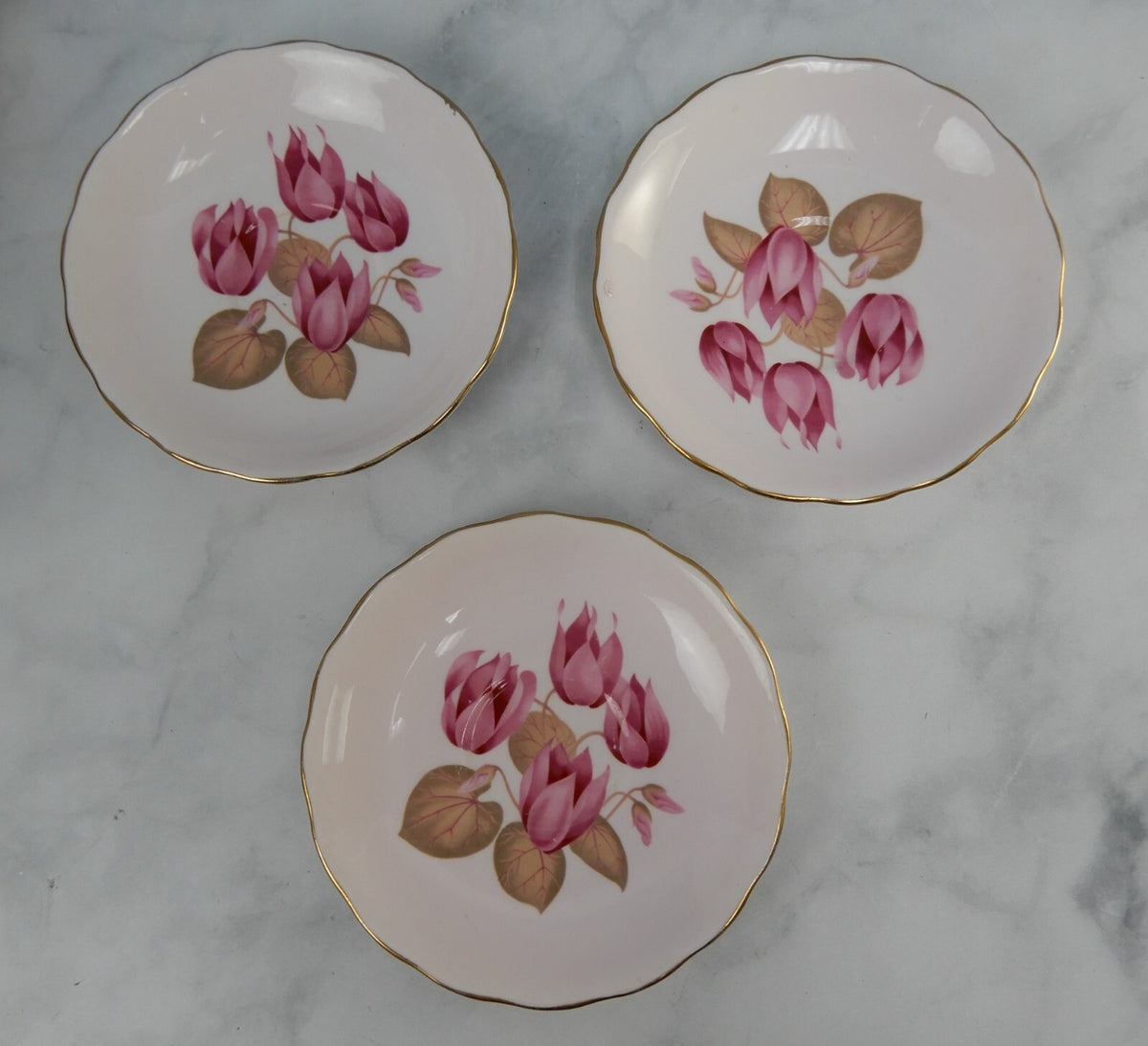 Set of 3 Colclough Bone China Pink Color Water Lily Teacups & Saucers