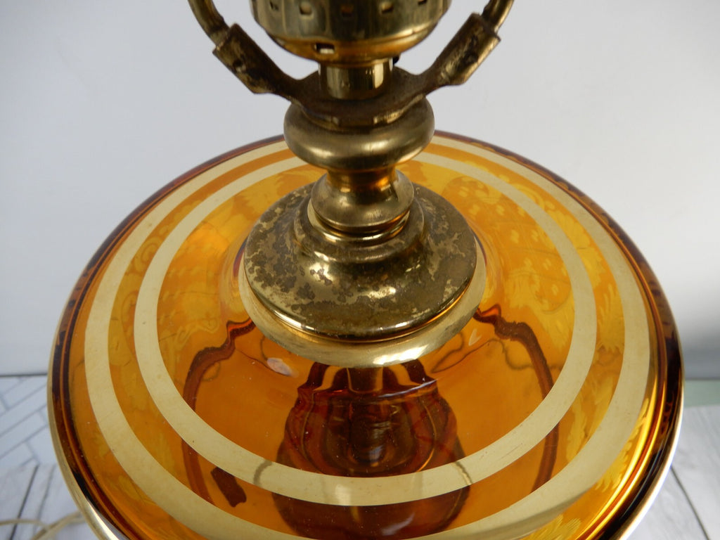 Vintage Czech Bohemian Amber Glass Etched W/ Brass Pilar Table Lamp Marble Base