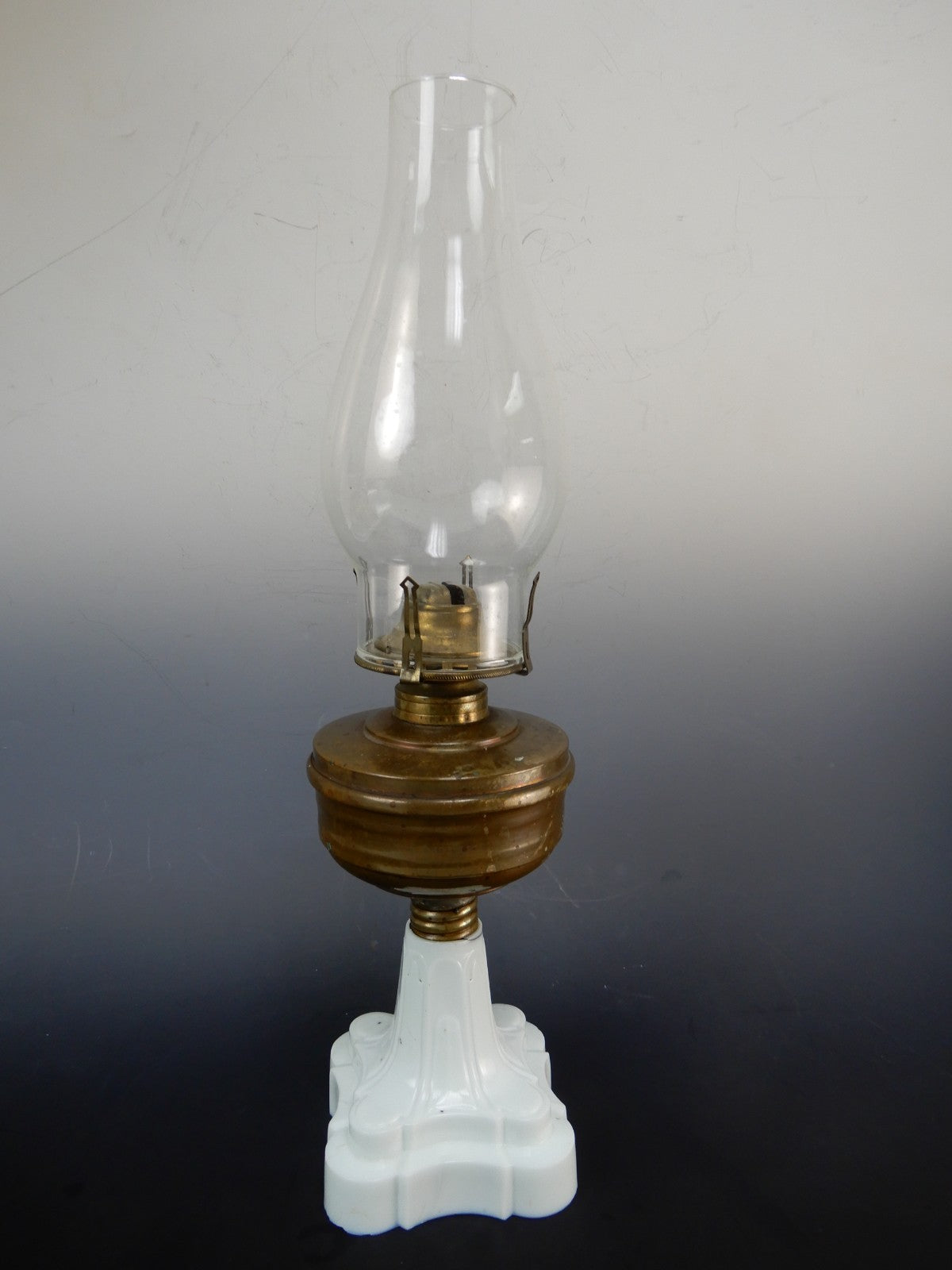 MFG Co No. 1 Queen Ann Burner White Milk Glass Base Oil Lamp