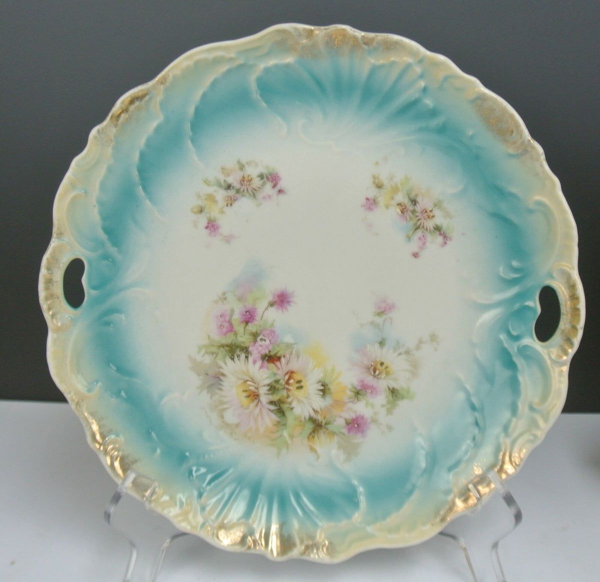 Vintage Porcelain Scalloped and Embossed with Handles Plate with Flowers