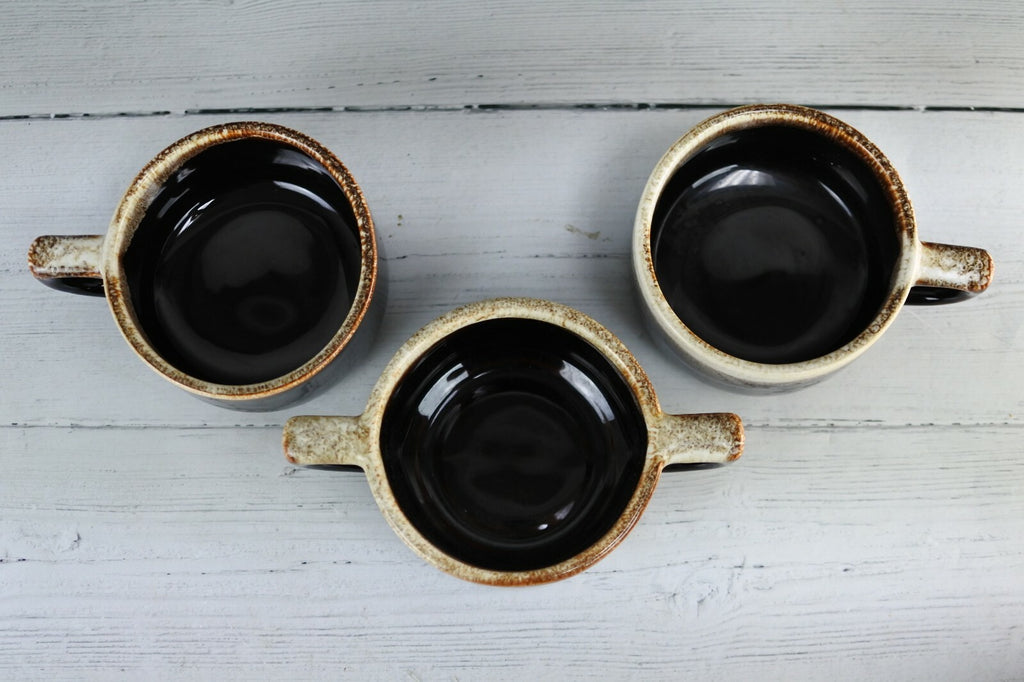 Pfaltzgraff Vintage Brown Drip Stoneware Pair Of Mugs And Cream Soup Mug