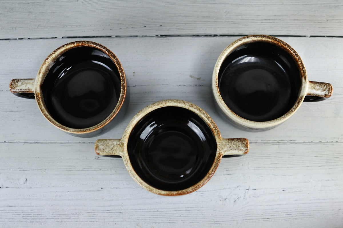 Pfaltzgraff Vintage Brown Drip Stoneware Pair Of Mugs And Cream Soup Mug