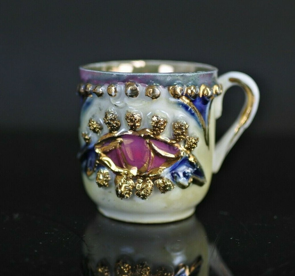 Vtge Embossed Handpainted Porcelain Demitasse Cup Pink,Blue,Gold Trim No Saucer